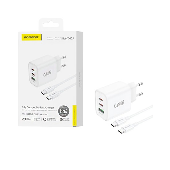 Carregador Foneng GAN10 3 Portas USB-A+2 Tipo-C PD 65W GAN com cabo Tipo-C para Tipo-C Branco